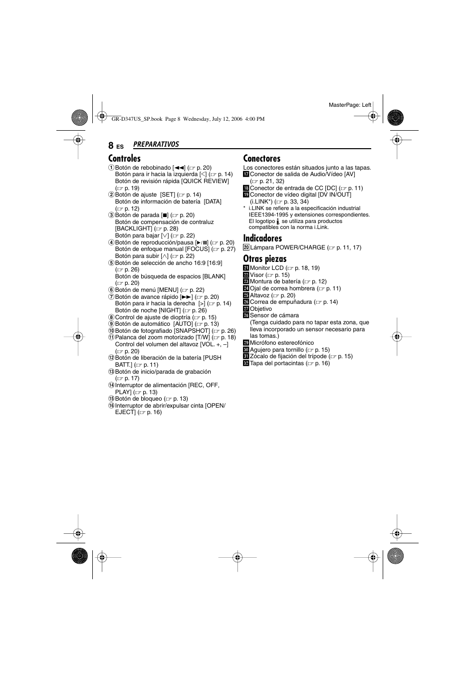 Controles, Conectores, Indicadores | Otras piezas | JVC GR-D347U User Manual | Page 52 / 88