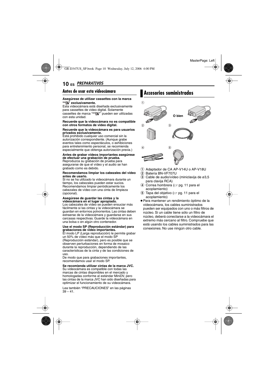 Antes de usar esta videocámara, Accesorios suministrados | JVC GR-D347U User Manual | Page 54 / 88