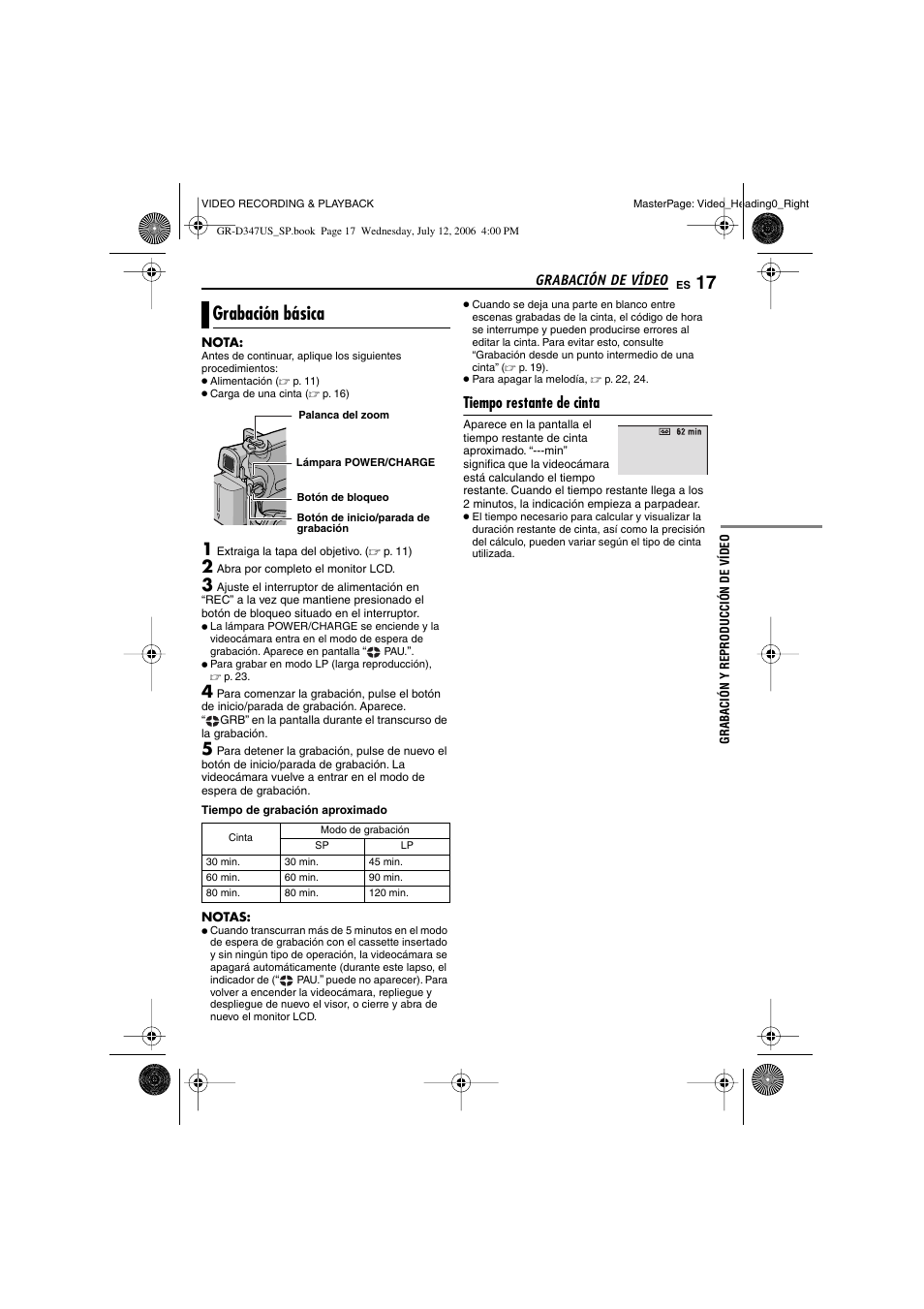 Grabación de vídeo, Grabación básica, Tiempo restante de cinta | P. 17), Abación.) | JVC GR-D347U User Manual | Page 61 / 88