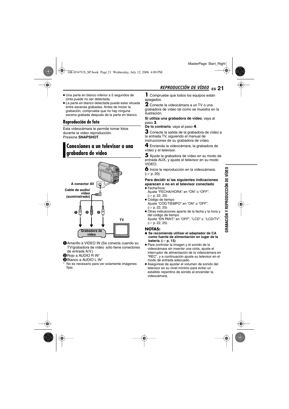 Reproducción de foto, Conexiones a un televisor o una grabadora de vídeo, Conexiones a un televisor o una grabadora de | Vídeo, P. 21, 32) | JVC GR-D347U User Manual | Page 65 / 88