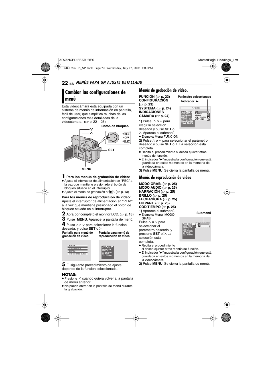 Menús para un ajuste detallado, Cambiar las configuraciones de menú, Menús de grabación de video | Menús de reproducción de video, P. 22, 25), P. 22), Botón de menú [menu, Apagar la melodía, ੬ p. 22, 24, P. 22, 24) | JVC GR-D347U User Manual | Page 66 / 88