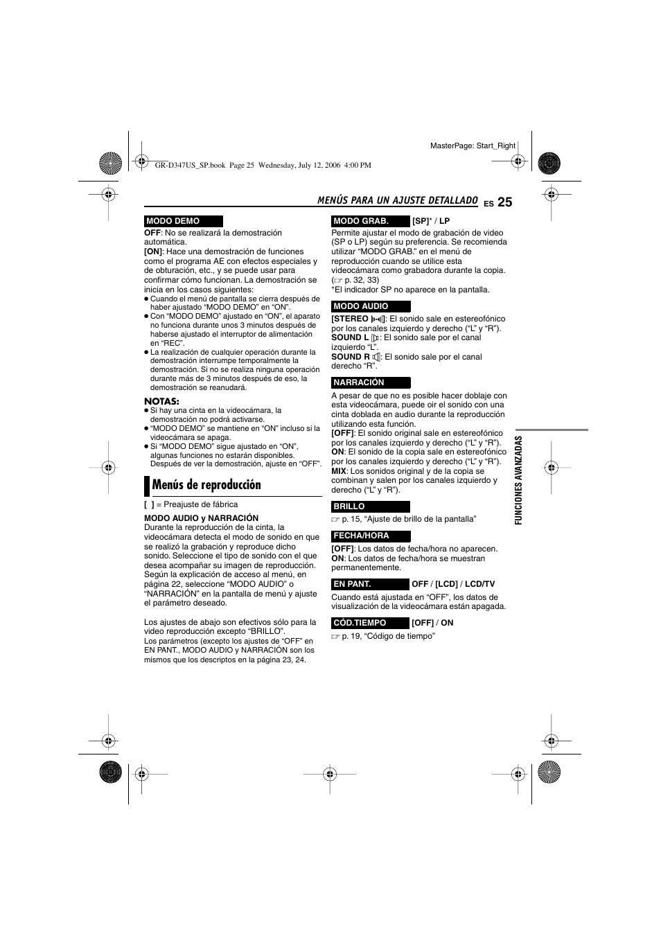 Menús de reproducción, Código de tiempo, P. 25) | Modo grab, Udio, Brillo, Fecha/hora, Tiempo | JVC GR-D347U User Manual | Page 69 / 88