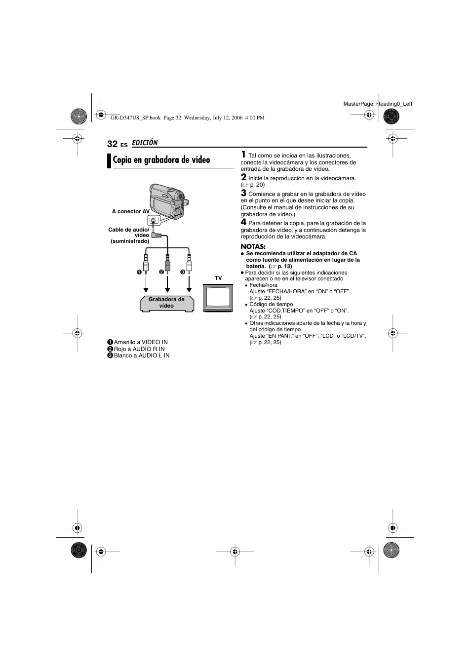 Edición, Copia en grabadora de vídeo, P. 32, 33) | JVC GR-D347U User Manual | Page 76 / 88