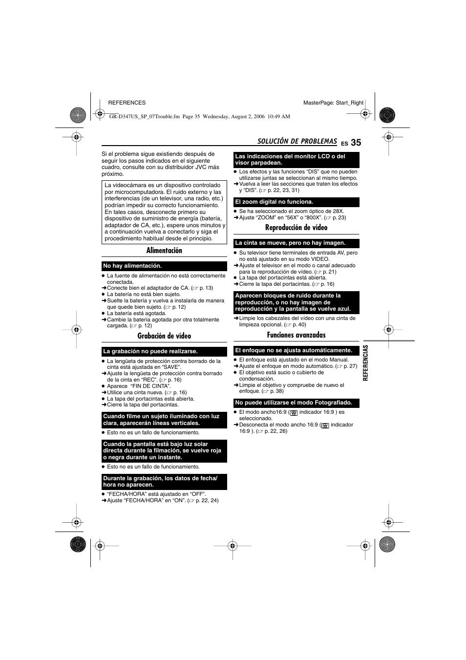 Solución de problemas, Alimentación, Grabación de vídeo | Reproducción de vídeo, Funciones avanzadas | JVC GR-D347U User Manual | Page 79 / 88