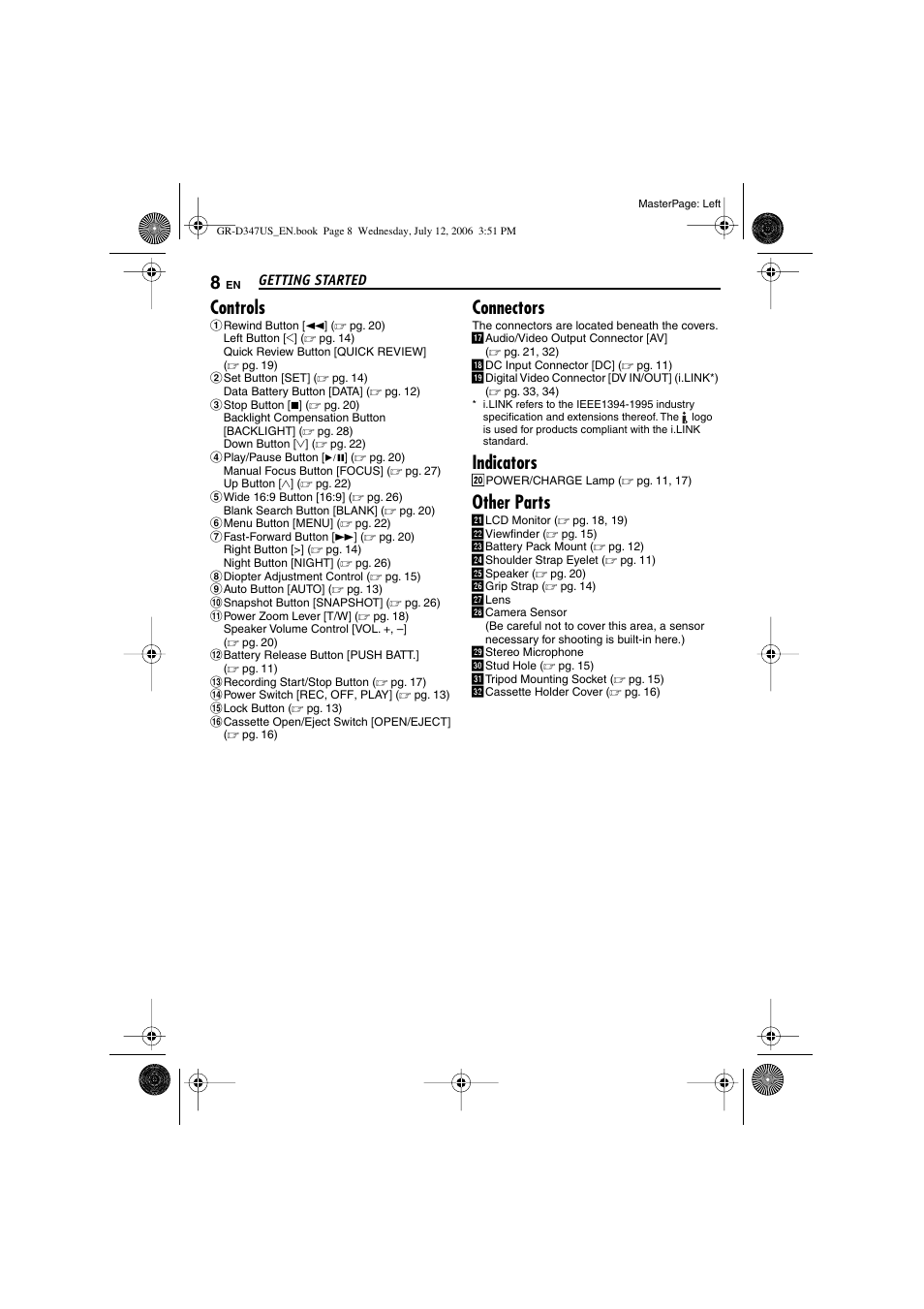 Controls, Connectors, Indicators | Other parts | JVC GR-D347U User Manual | Page 8 / 88
