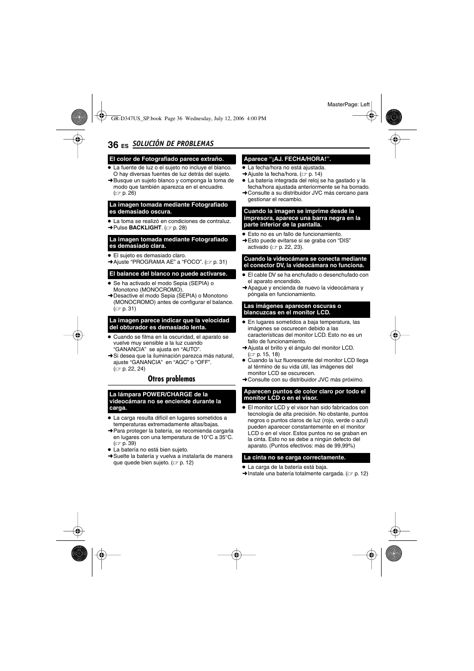 P. 36), Otros problemas, Solución de problemas | JVC GR-D347U User Manual | Page 80 / 88