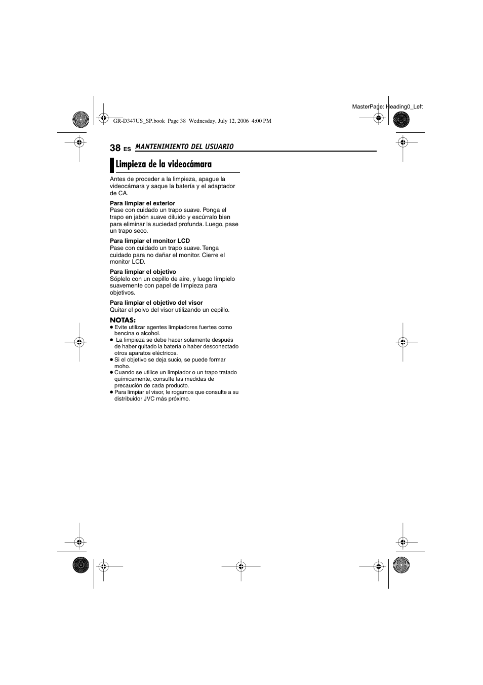 Mantenimiento del usuario, Limpieza de la videocámara, P. 38) | JVC GR-D347U User Manual | Page 82 / 88