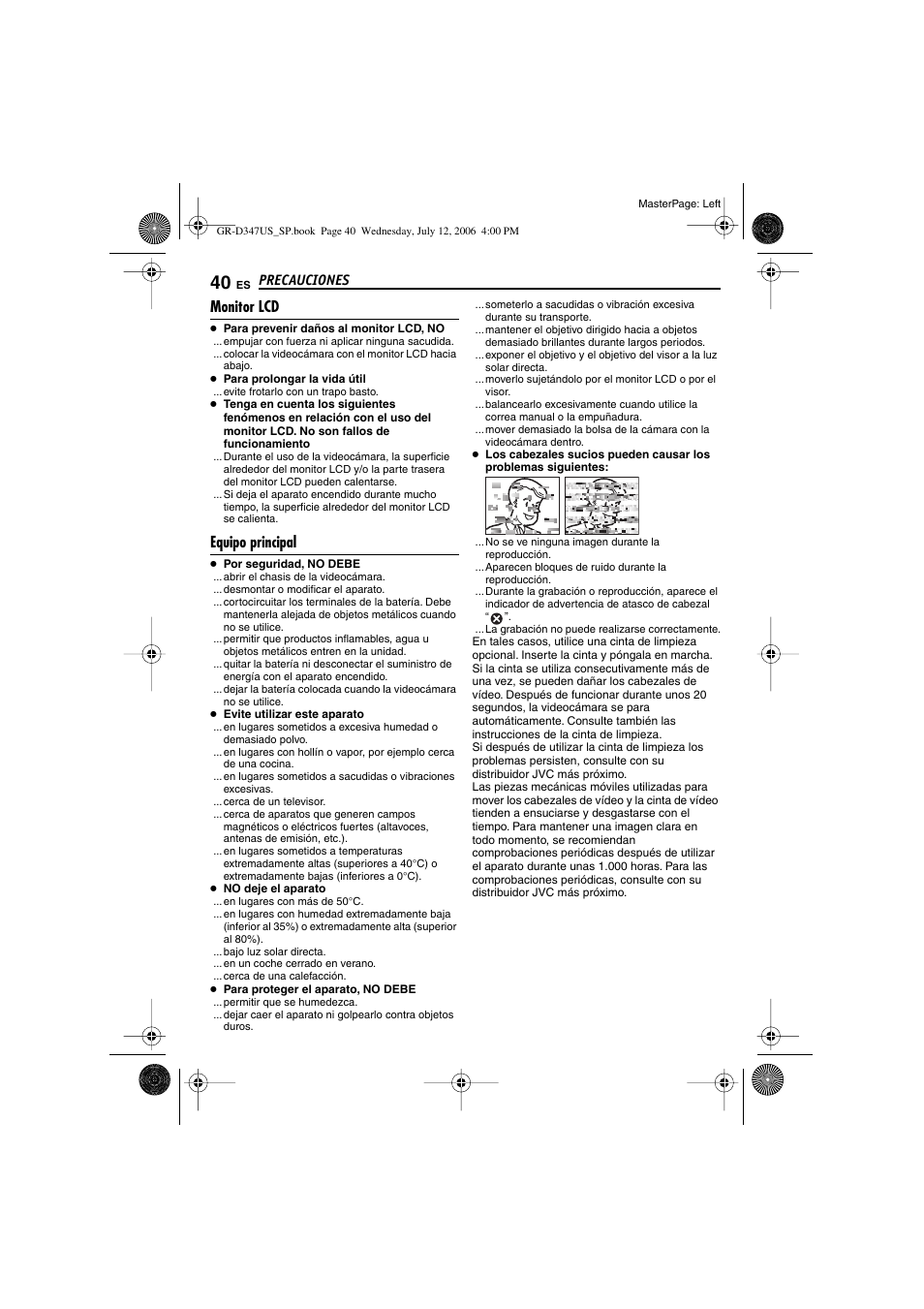 Monitor lcd, Equipo principal, P. 40) | Precauciones | JVC GR-D347U User Manual | Page 84 / 88