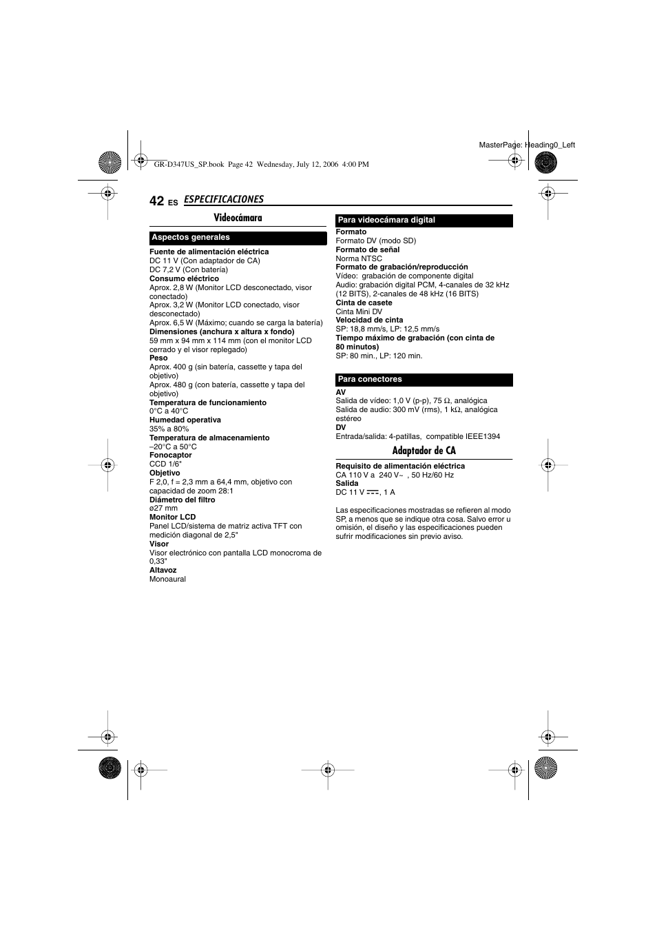 Especificaciones, Videocámara, Adaptador de ca | JVC GR-D347U User Manual | Page 86 / 88
