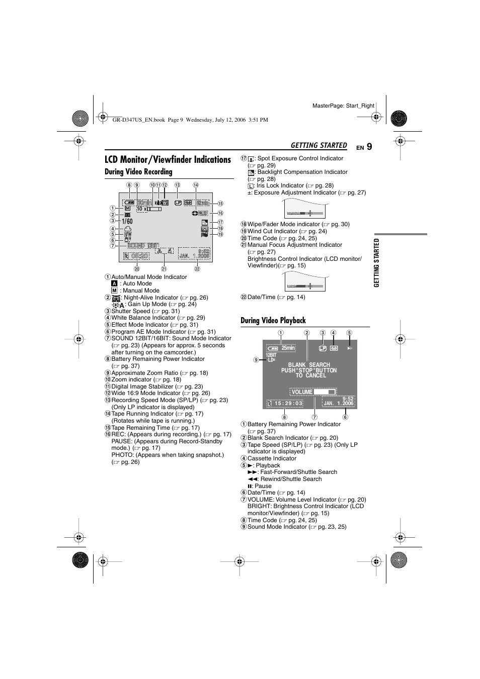 Lcd monitor/viewfinder indications, During video recording, During video playback | JVC GR-D347U User Manual | Page 9 / 88