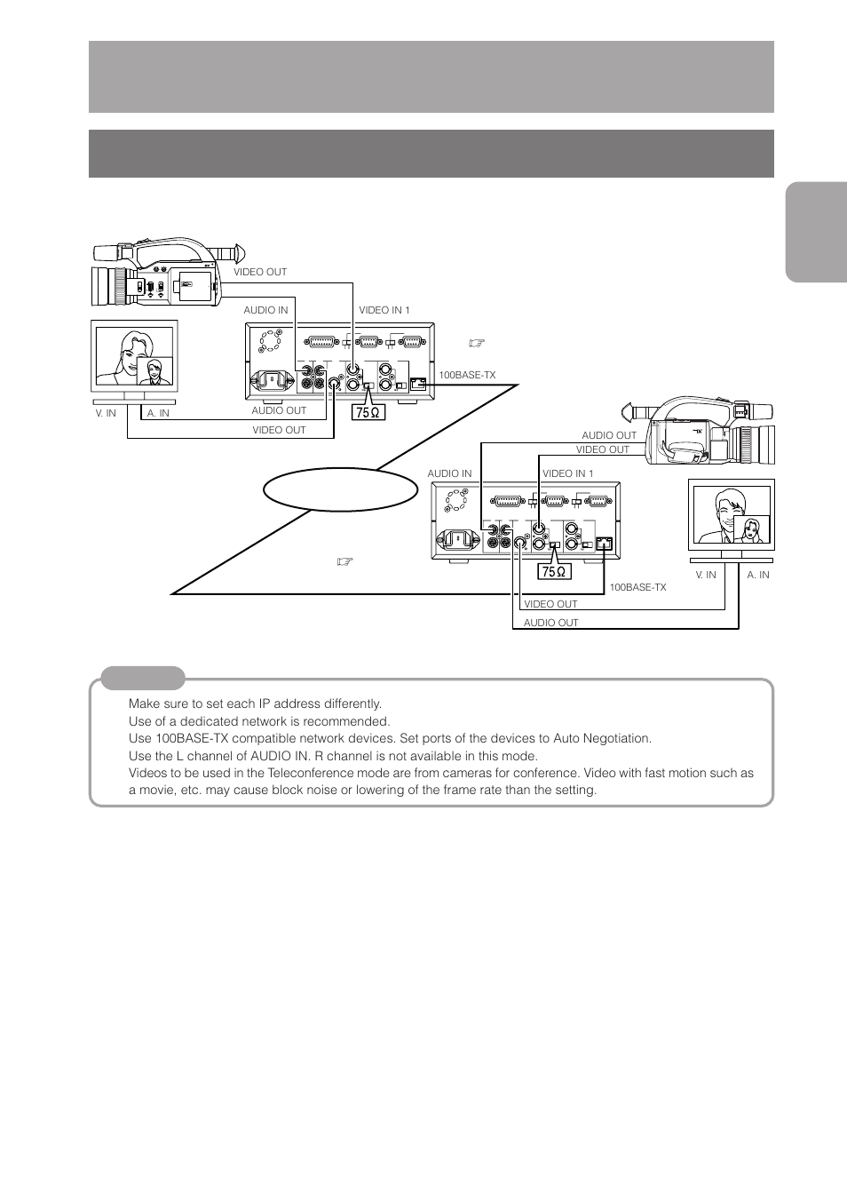 Step 1 connection/installation, 1 connection examples, Connection examples | Network, 1) teleconference system, Preparations, Teleconference mode, Page 29), Make sure to set each ip address differently, Use of a dedicated network is recommended | JVC DM-NC40 User Manual | Page 13 / 60