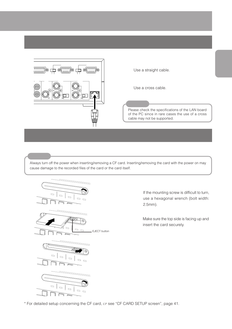 2 connecting a lan cable, 3 inserting a cf (compact flash) card, Connecting a lan cable | Inserting a cf (compact flash) card, Remove the cover, Insert a cf card, Collapse the eject button, Reattach the cover | JVC DM-NC40 User Manual | Page 17 / 60