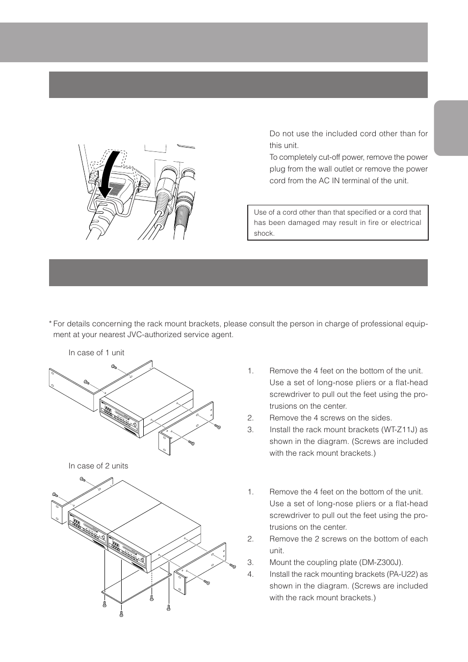 5 connecting the power cord, 6 attaching rack mount brackets, Connecting the power cord | Attaching rack mount brackets | JVC DM-NC40 User Manual | Page 19 / 60