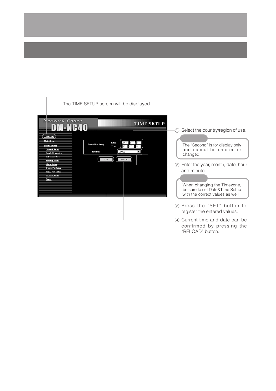 2 time setup, Time setup, Step 4 | Initial settings, Continued) | JVC DM-NC40 User Manual | Page 28 / 60