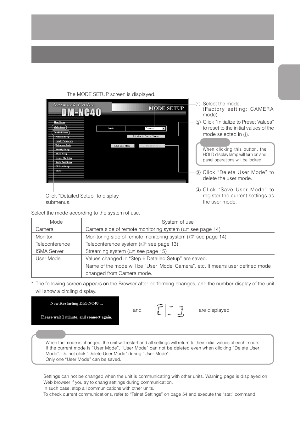 Step 5 mode setup, 1 setting in the mode setup screen, Setting in the mode setup screen | Step 5, Mode setup, Click mode setup in the network codec screen | JVC DM-NC40 User Manual | Page 29 / 60