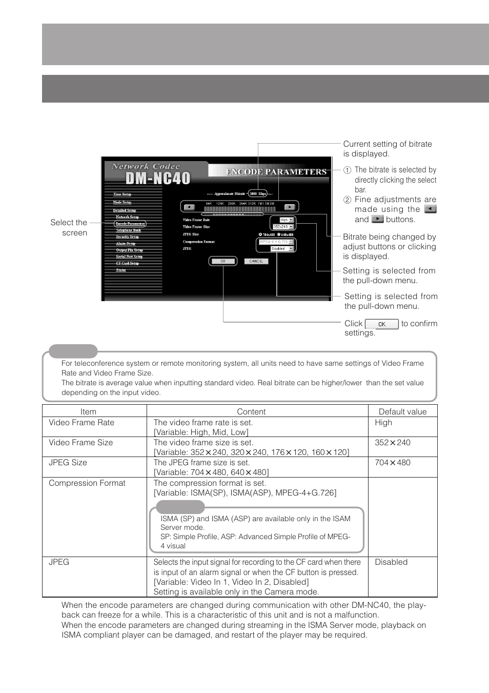 2 encode parameters screen, Encode parameters screen, Step 6 | Detailed setup, Continued) | JVC DM-NC40 User Manual | Page 32 / 60