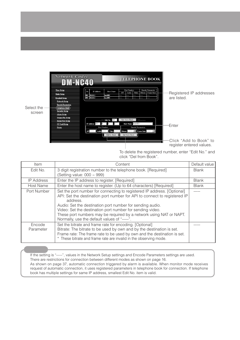 3 telephone book screen, Telephone book screen, Step 6 | Detailed setup, Continued) | JVC DM-NC40 User Manual | Page 34 / 60