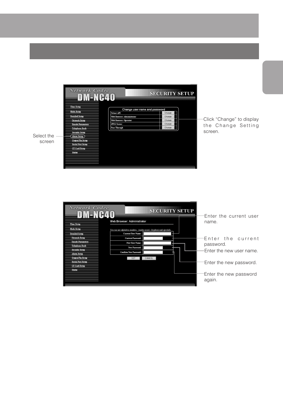 4 security setup screen, Security setup screen, 4å@security setupâêñ | JVC DM-NC40 User Manual | Page 35 / 60