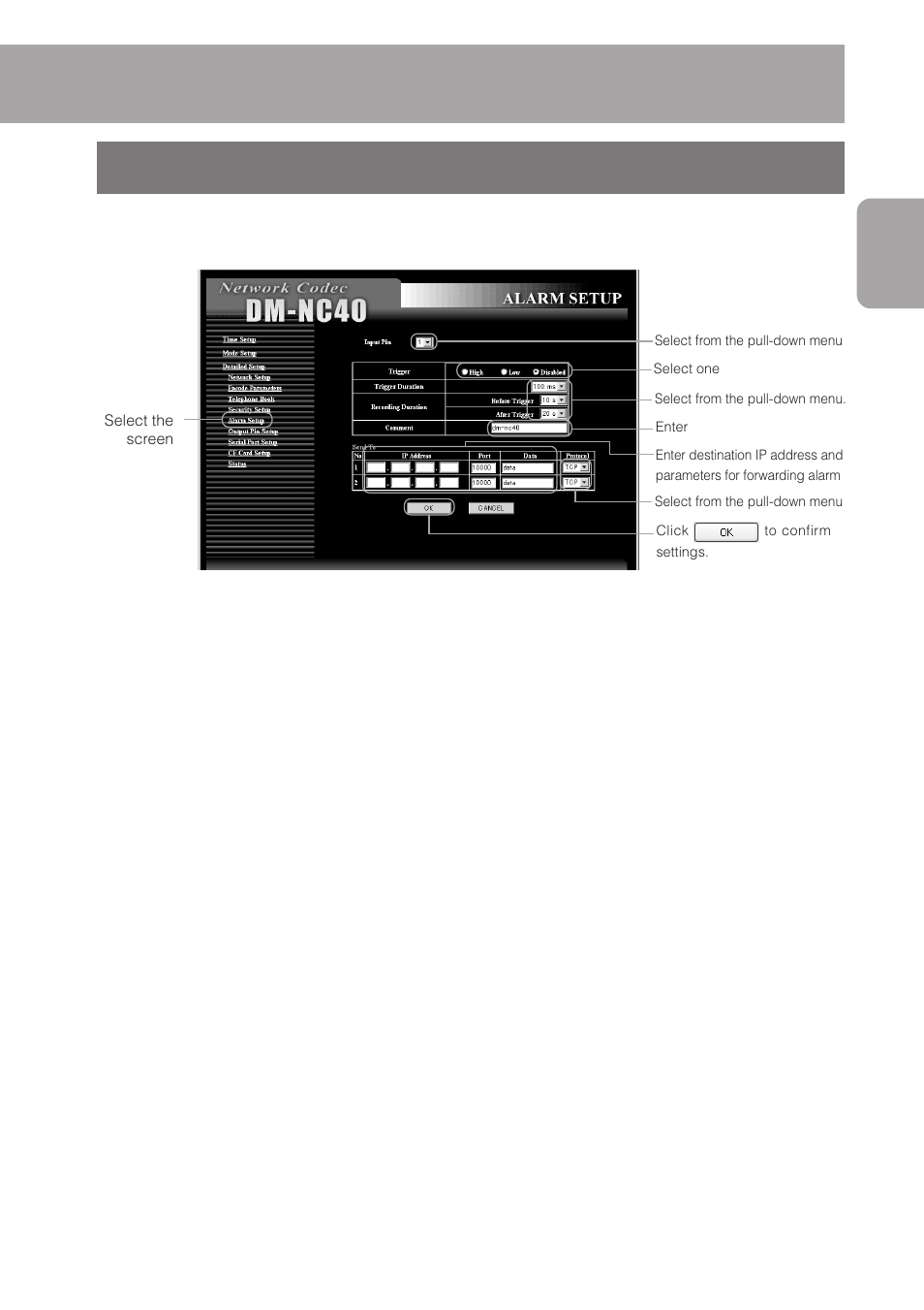 5 alarm setup screen, Alarm setup screen | JVC DM-NC40 User Manual | Page 37 / 60