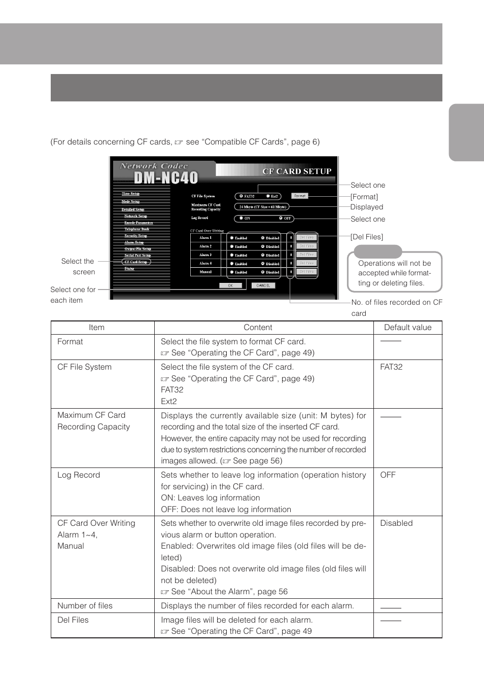 8 cf card setup screen, Cf card setup screen | JVC DM-NC40 User Manual | Page 41 / 60