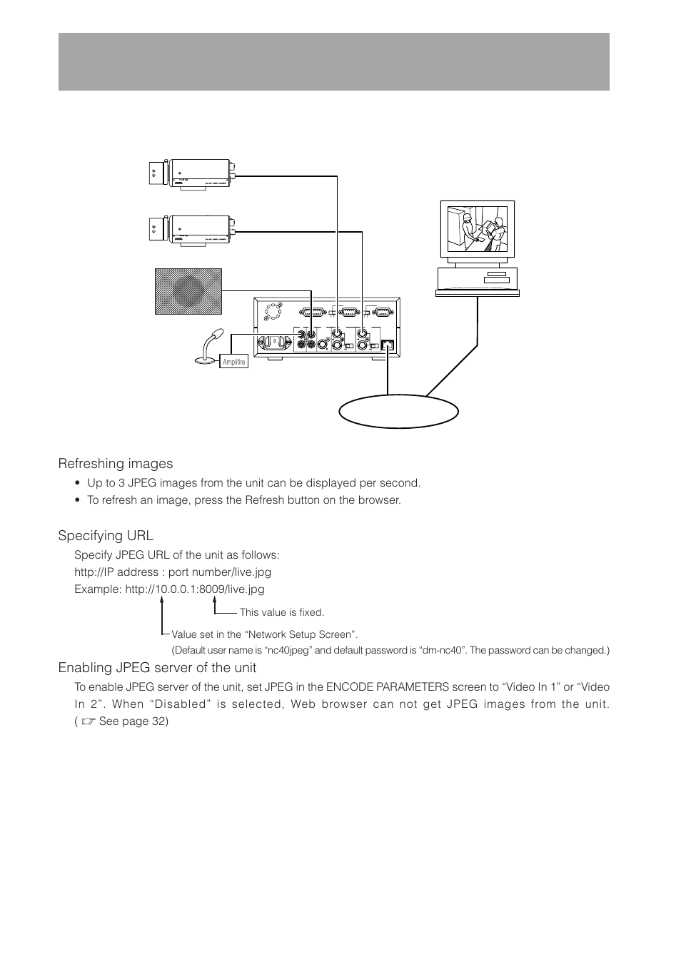 Operating the monitoring system, Network, Specifying url | Enabling jpeg server of the unit, Continued), See page 32), Av pk l h | JVC DM-NC40 User Manual | Page 46 / 60