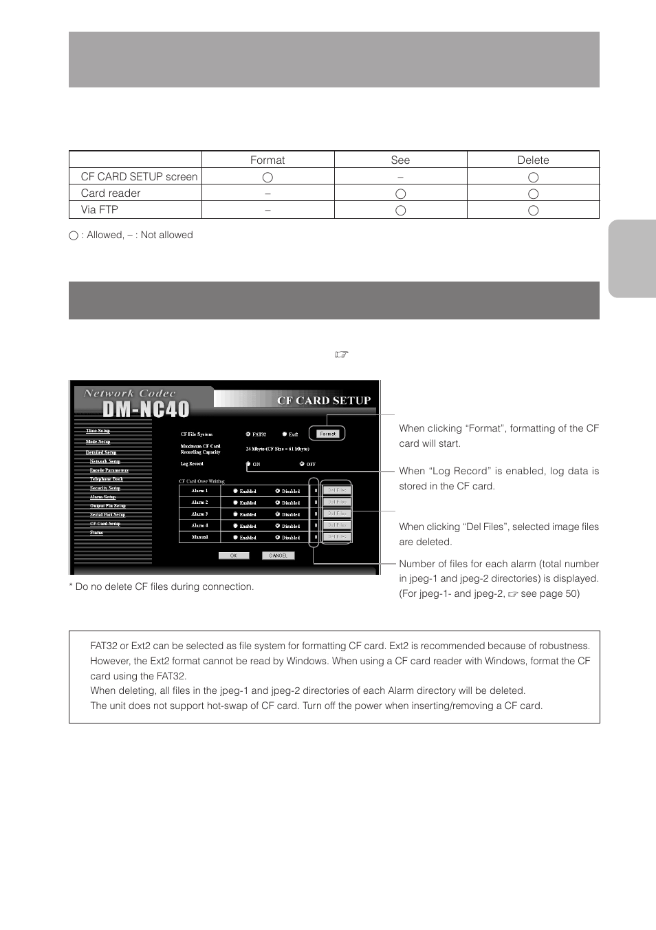 Operating the cf card, Operating in the cf card setup screen | JVC DM-NC40 User Manual | Page 49 / 60