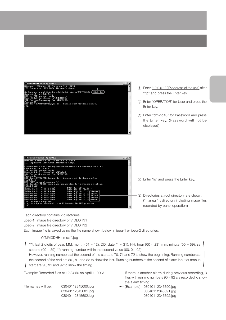 Operating of ftp, Type “ls” to list image files or directories | JVC DM-NC40 User Manual | Page 51 / 60