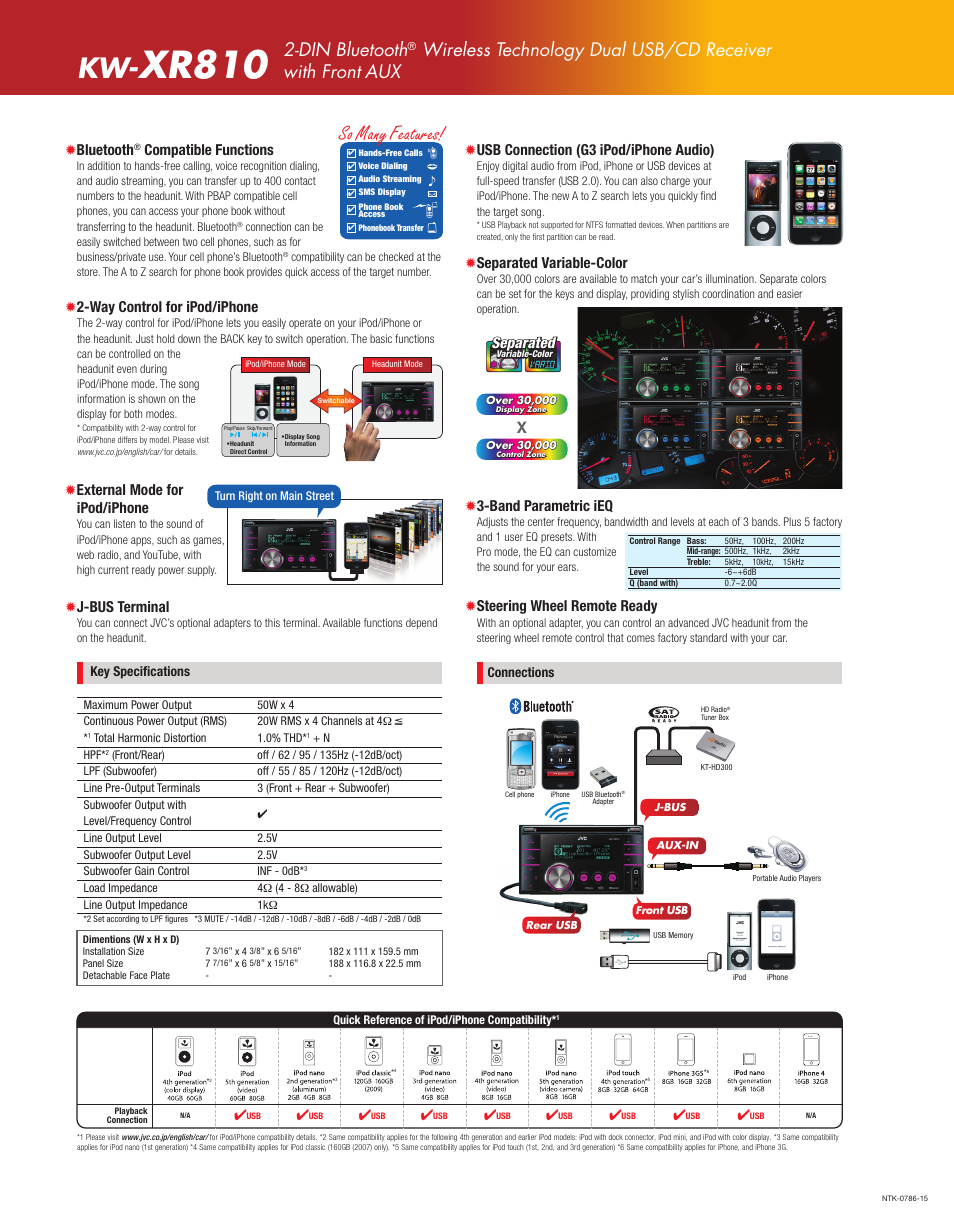 Xr810, 2011 jvc product tech guide, Kw-xr810 | So many features, C m y k, Din bluetooth, Way control for ipod/iphone, Steering wheel remote ready, J-bus terminal, Band parametric ieq | JVC KW-XR810 User Manual | Page 2 / 2