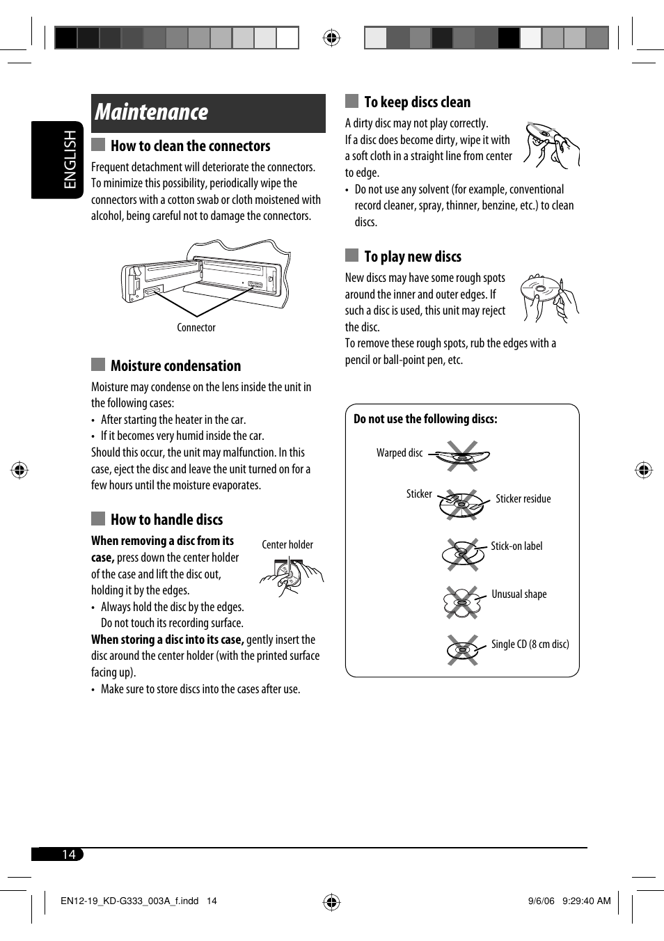 Maintenance, English, How to clean the connectors | Moisture condensation, How to handle discs | JVC KD-G332 User Manual | Page 14 / 56