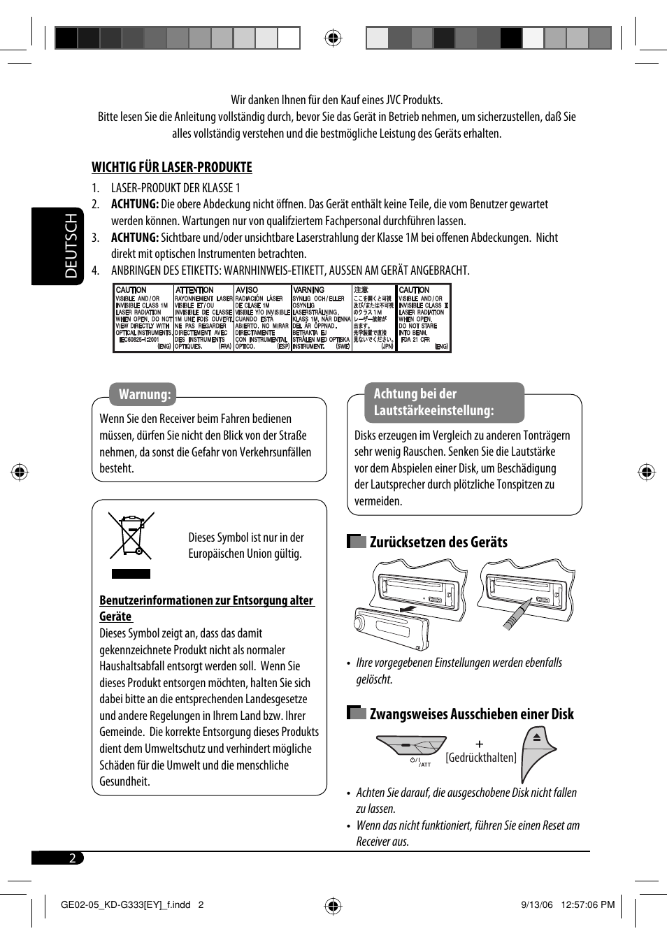 Deutsch, Zurücksetzen des geräts, Zwangsweises ausschieben einer disk | JVC KD-G332 User Manual | Page 20 / 56