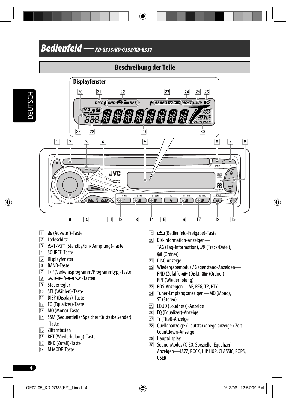 Bedienfeld, Beschreibung der teile, Deutsch | JVC KD-G332 User Manual | Page 22 / 56