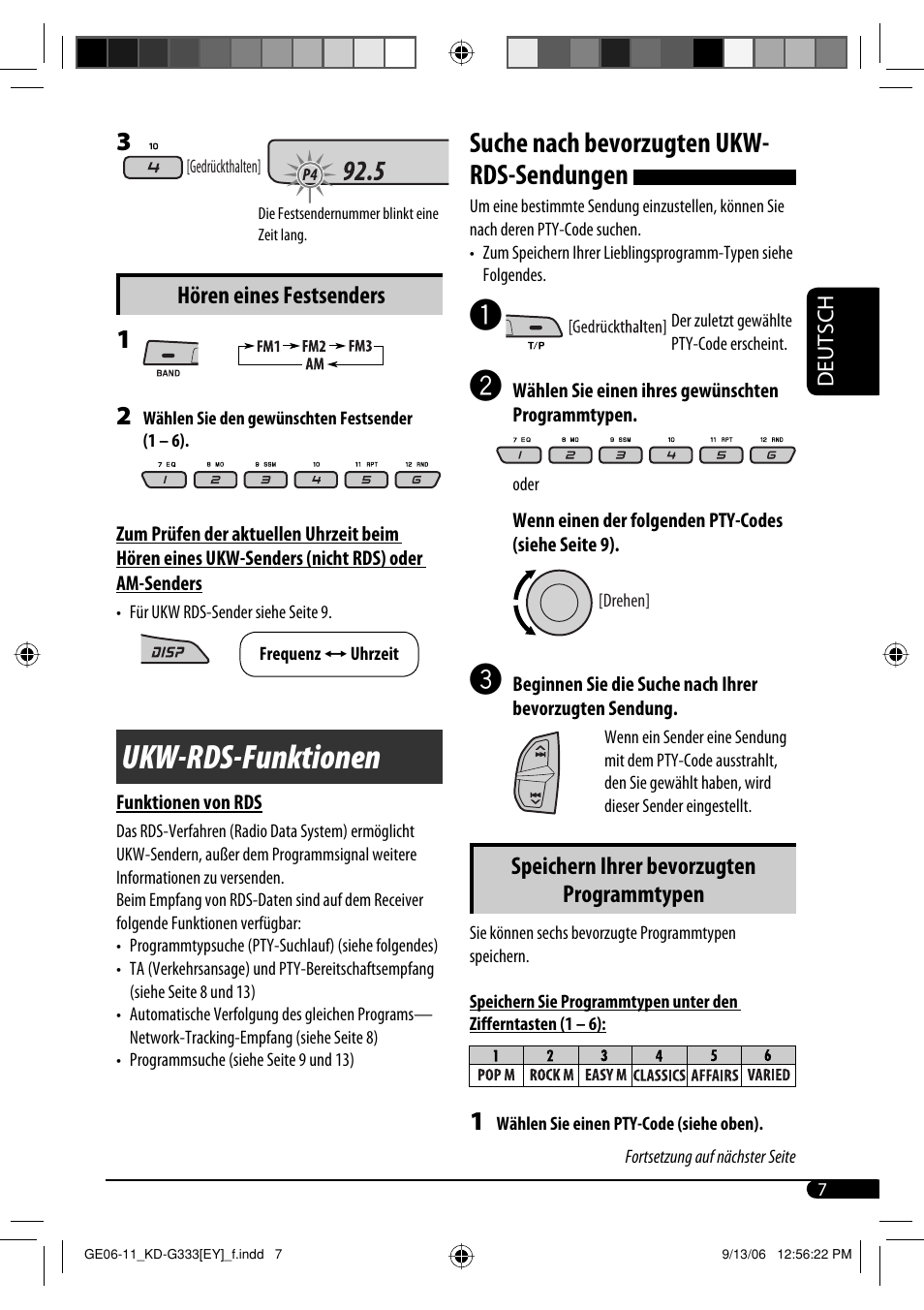 Ukw-rds-funktionen, Suche nach bevorzugten ukw- rds-sendungen, Speichern ihrer bevorzugten programmtypen | Hören eines festsenders | JVC KD-G332 User Manual | Page 25 / 56