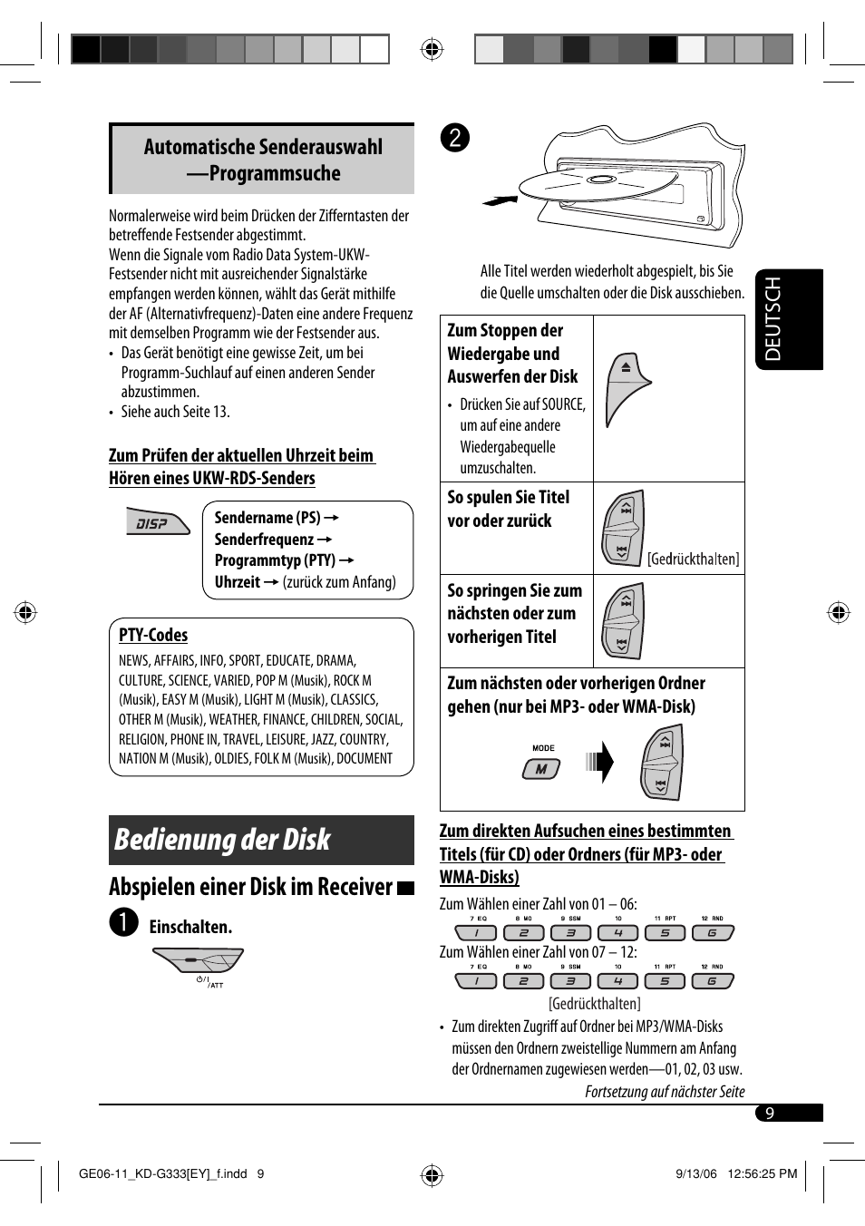 Bedienung der disk, Abspielen einer disk im receiver, Automatische senderauswahl —programmsuche | JVC KD-G332 User Manual | Page 27 / 56