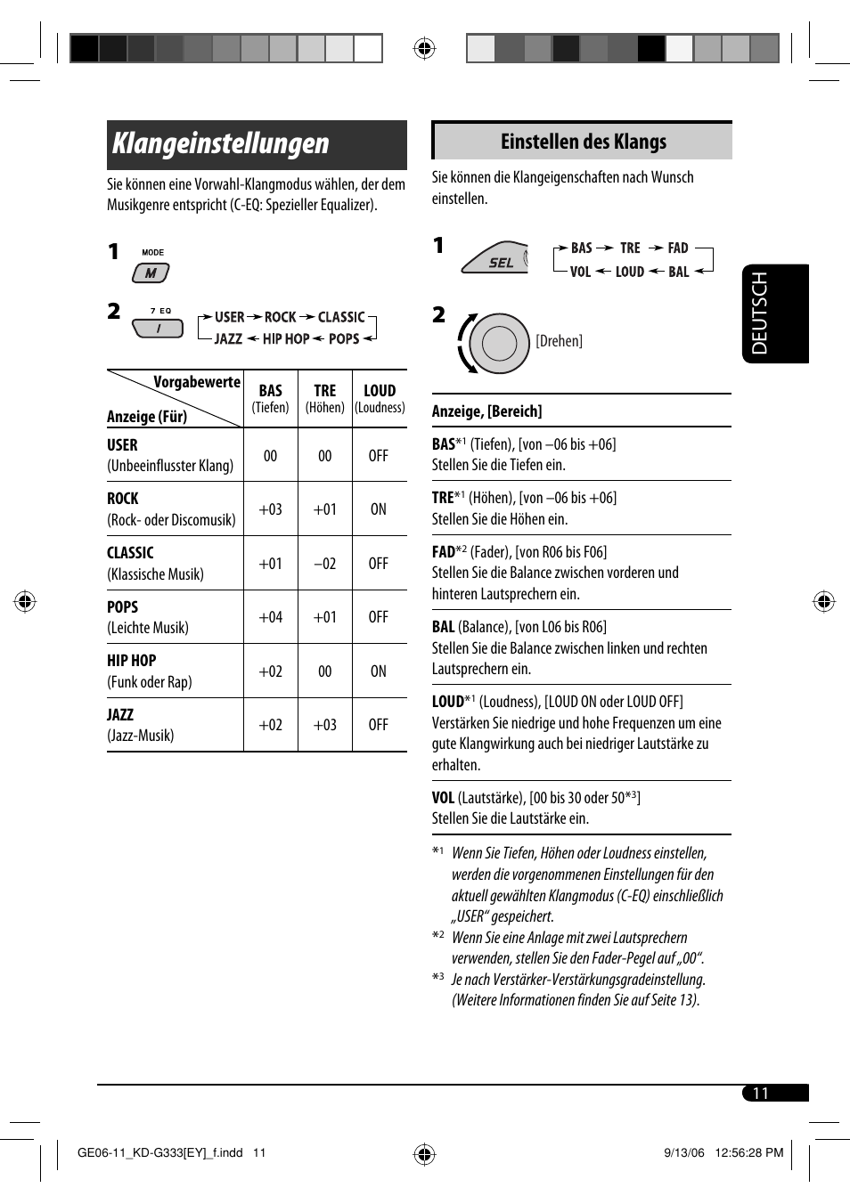 Klangeinstellungen, Einstellen des klangs, Deutsch | JVC KD-G332 User Manual | Page 29 / 56