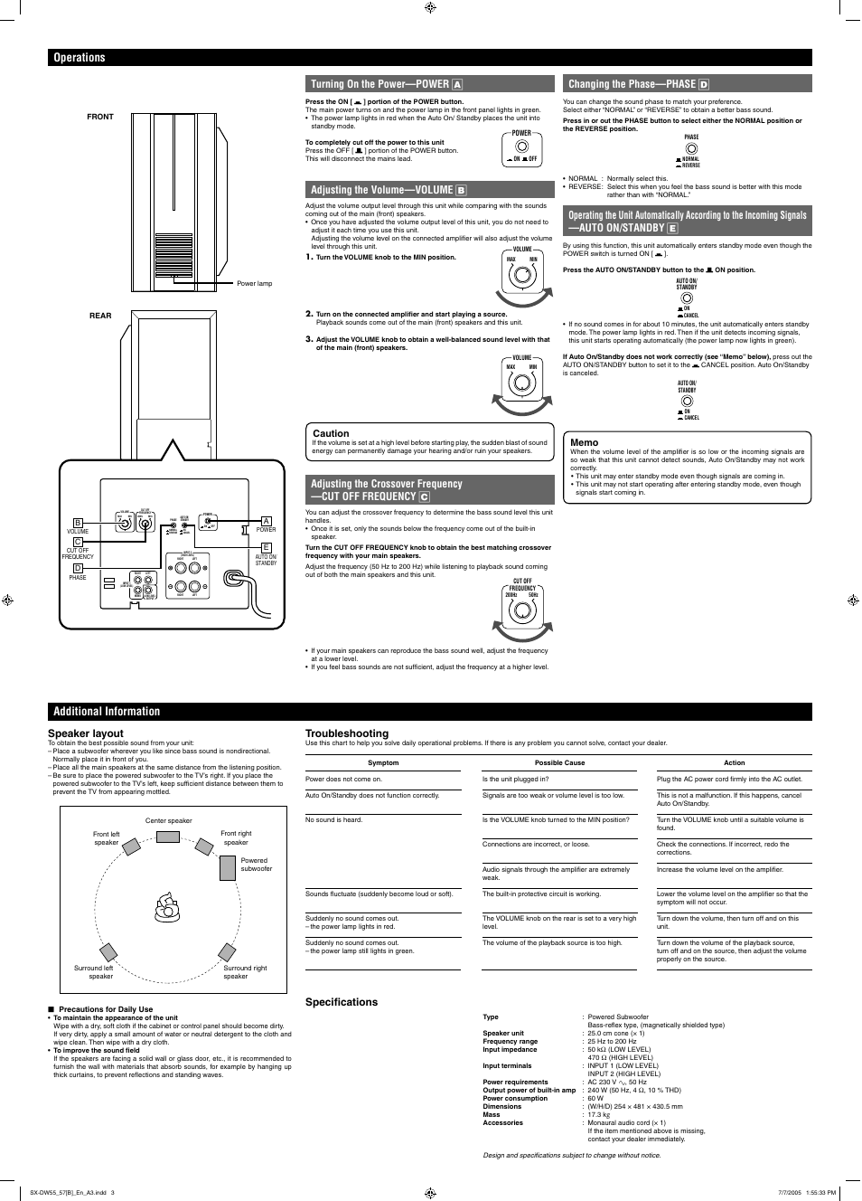 Operations, Additional information, Turning on the power—power a | Adjusting the volume—volume b, Changing the phase—phase d, Speaker layout, Troubleshooting, Speciﬁcations | JVC SX-DW55 User Manual | Page 2 / 2