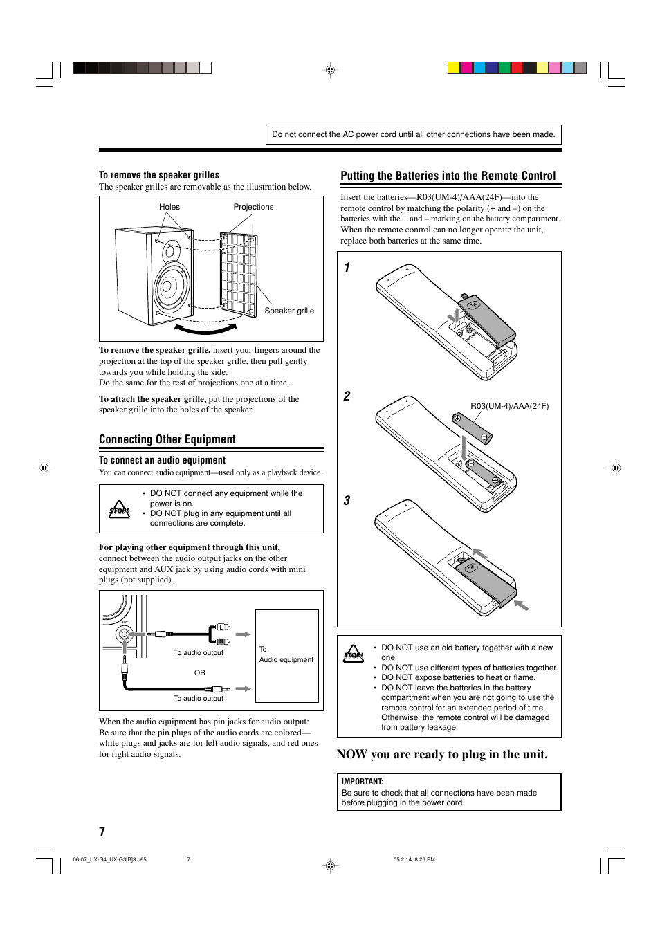 Now you are ready to plug in the unit, Connecting other equipment, Putting the batteries into the remote control | JVC CA-UXG4 User Manual | Page 10 / 30