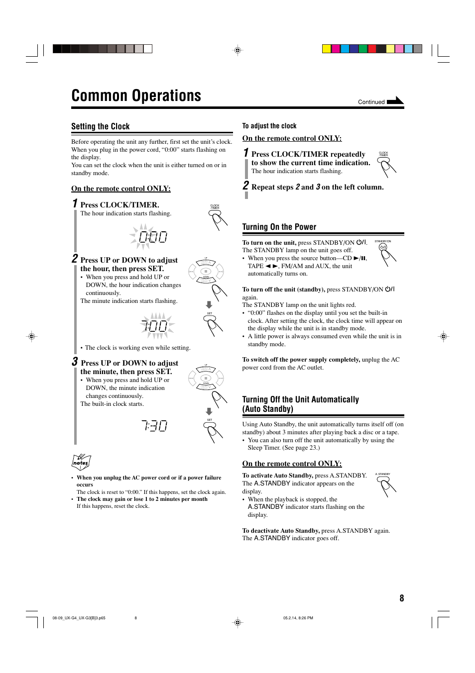 Common operations, Setting the clock, Turning on the power | Turning off the unit automatically (auto standby) | JVC CA-UXG4 User Manual | Page 11 / 30