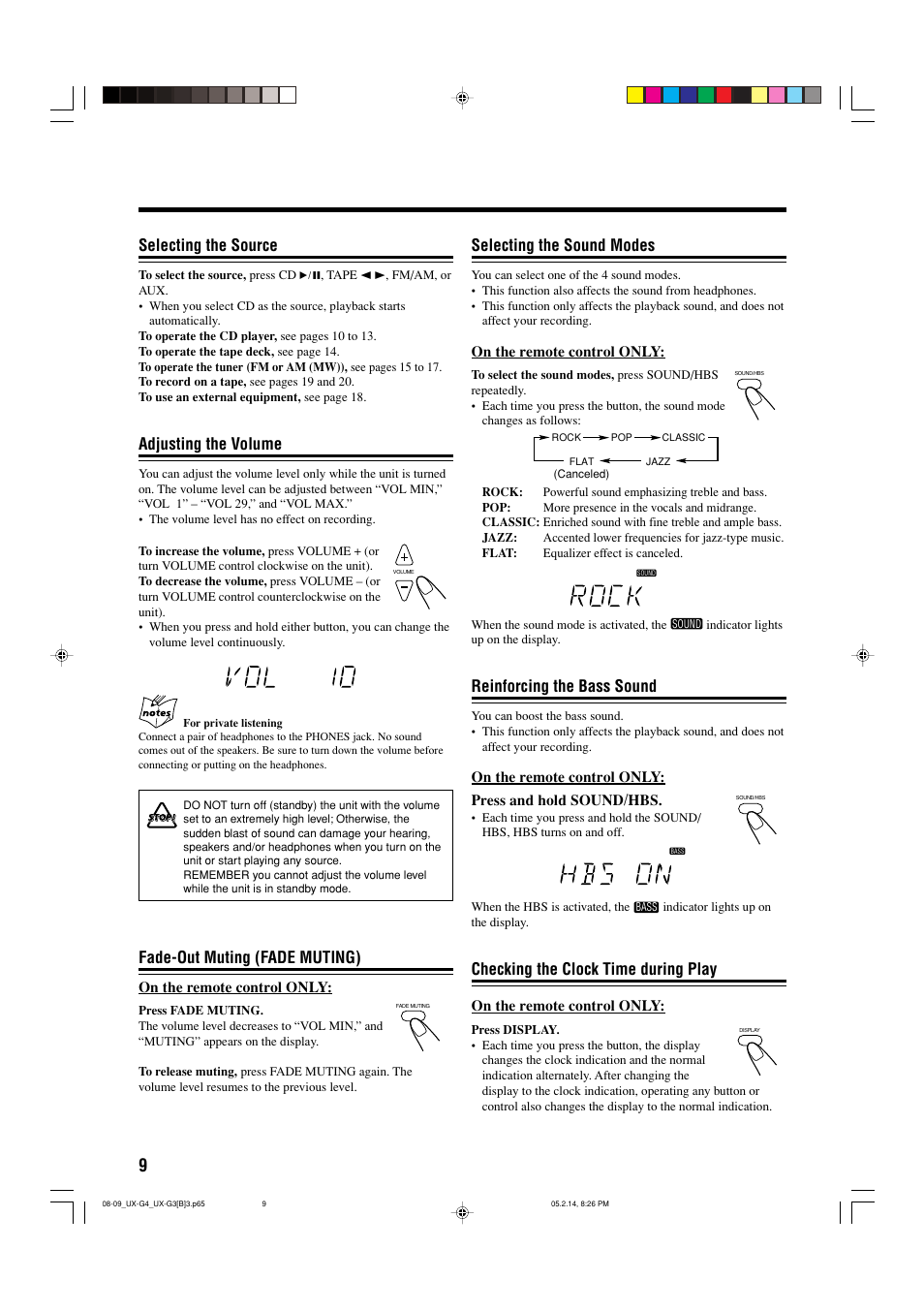 Selecting the source, Adjusting the volume, Fade-out muting (fade muting) | Selecting the sound modes, Reinforcing the bass sound, Checking the clock time during play | JVC CA-UXG4 User Manual | Page 12 / 30