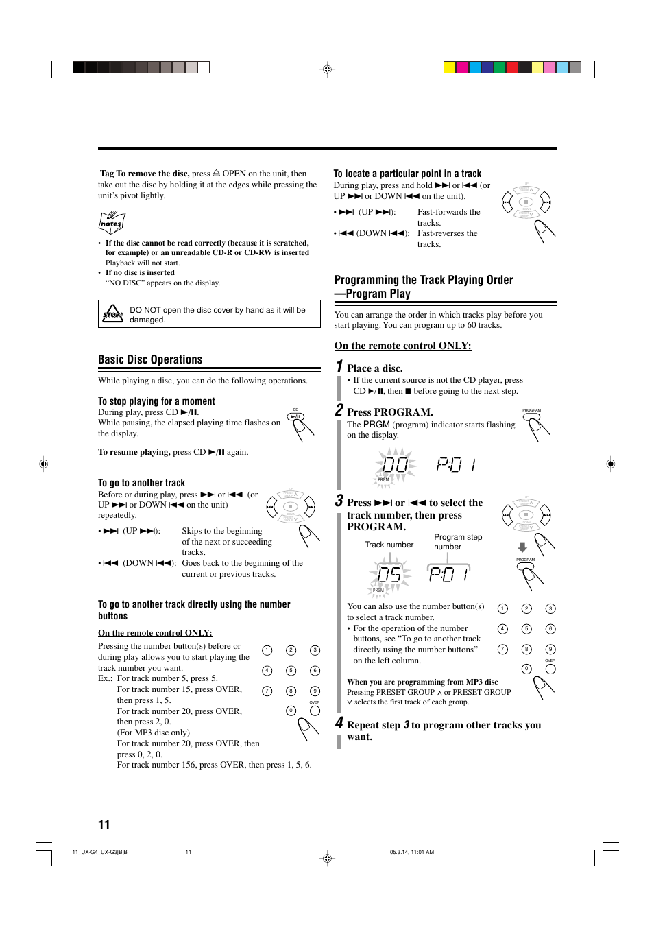 Basic disc operations, Programming the track playing order —program play, On the remote control only | Place a disc, Press program, Repeat step | JVC CA-UXG4 User Manual | Page 14 / 30