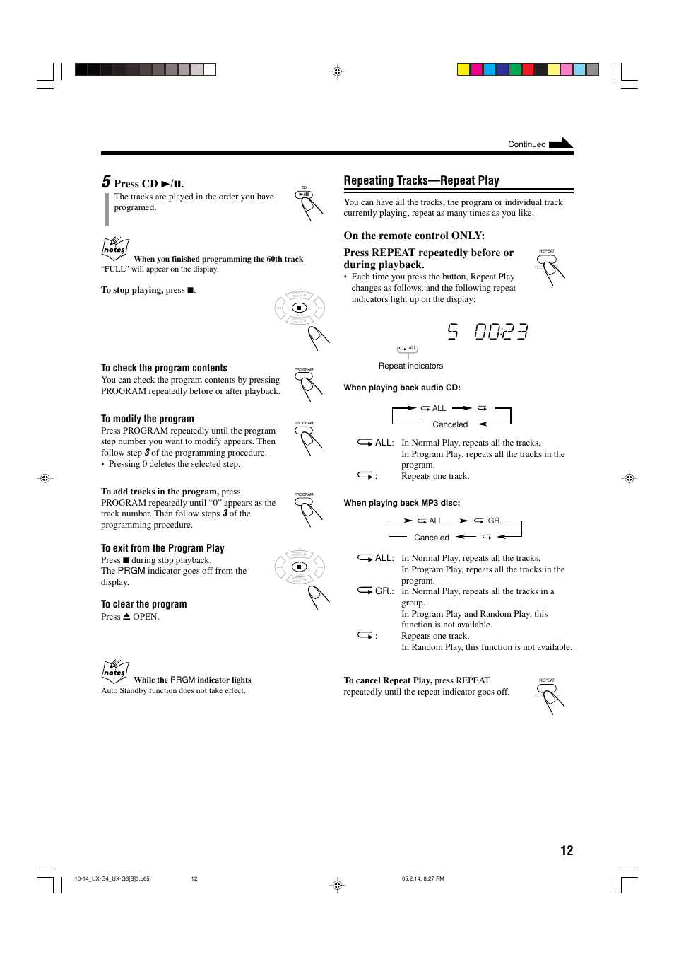 Repeating tracks—repeat play, Press cd 3 / 8 | JVC CA-UXG4 User Manual | Page 15 / 30