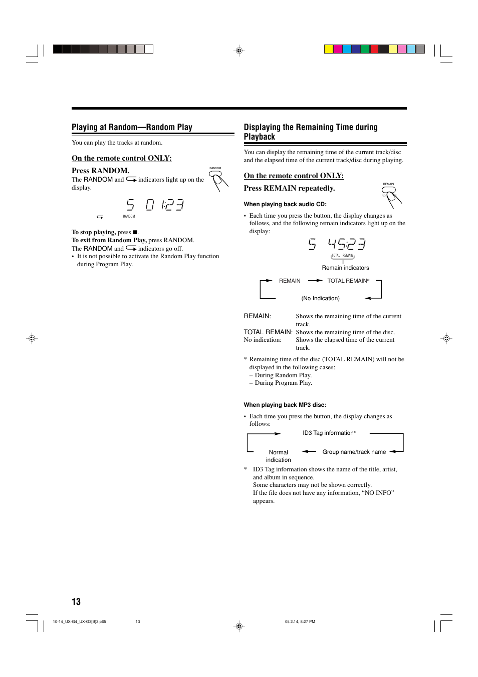 Displaying the remaining time during playback, Playing at random—random play | JVC CA-UXG4 User Manual | Page 16 / 30