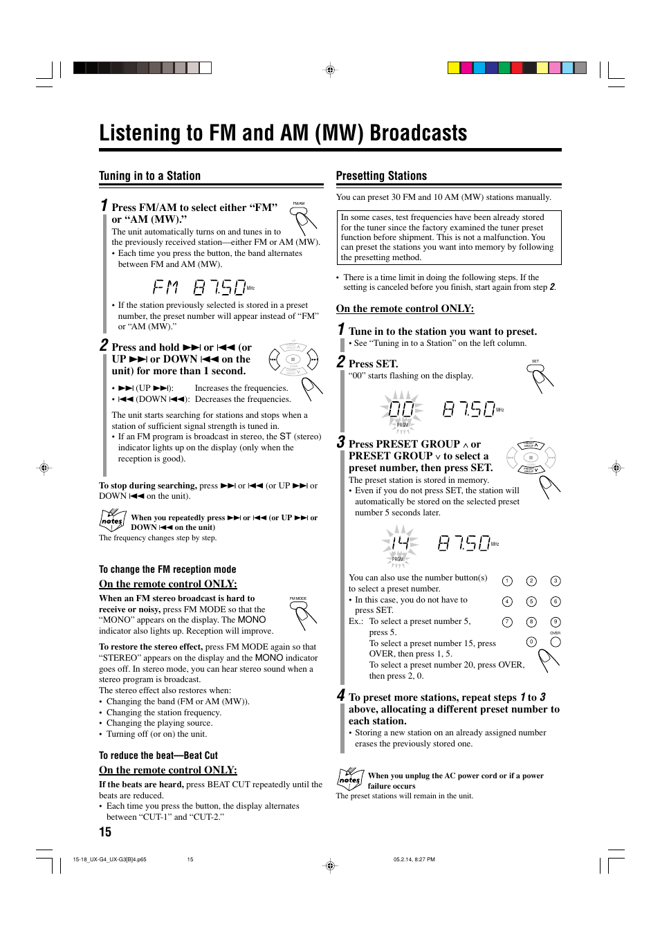 Listening to fm and am (mw) broadcasts, Tuning in to a station, Presetting stations | JVC CA-UXG4 User Manual | Page 18 / 30