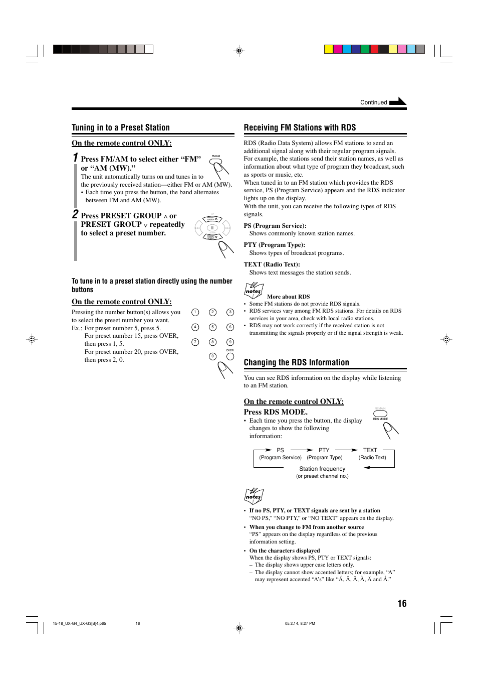 Tuning in to a preset station, Receiving fm stations with rds, Changing the rds information | On the remote control only, Press fm/am to select either “fm” or “am (mw), On the remote control only: press rds mode | JVC CA-UXG4 User Manual | Page 19 / 30