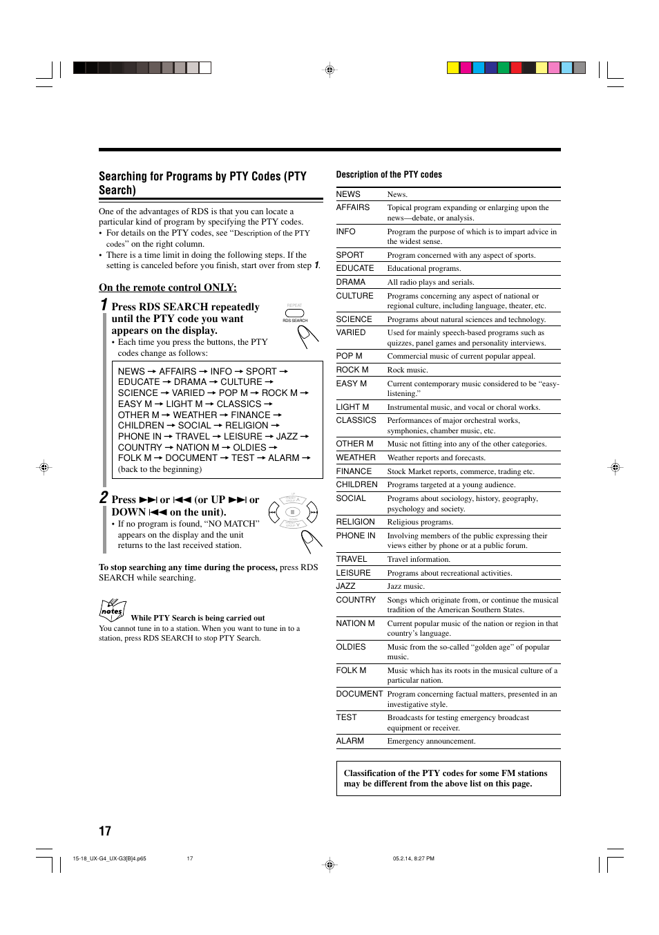 Searching for programs by pty codes (pty search), On the remote control only, Press ¢ or 4 (or up ¢ or down 4 on the unit) | JVC CA-UXG4 User Manual | Page 20 / 30