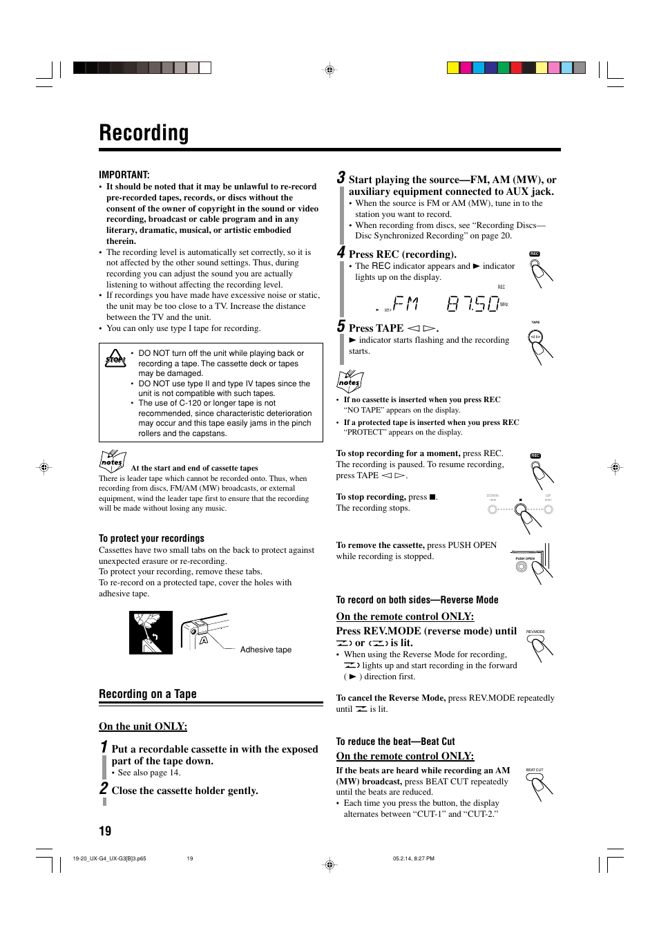 Recording, Recording on a tape | JVC CA-UXG4 User Manual | Page 22 / 30