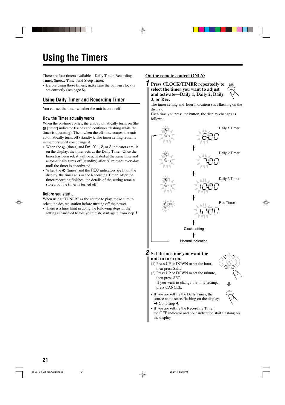 Using the timers, Using daily timer and recording timer, On the remote control only | Set the on-time you want the unit to turn on | JVC CA-UXG4 User Manual | Page 24 / 30