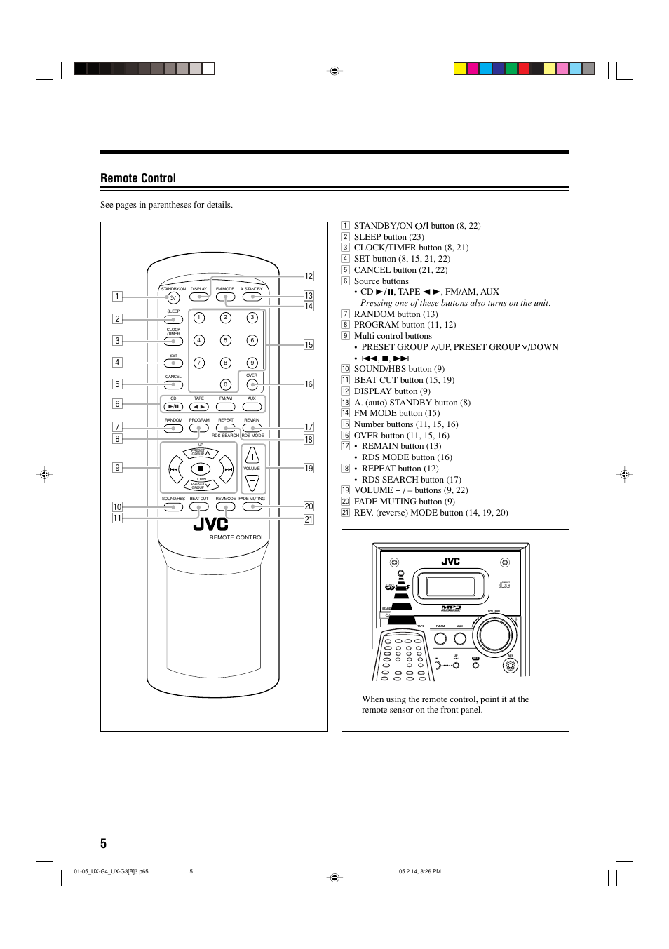 Remote control | JVC CA-UXG4 User Manual | Page 8 / 30