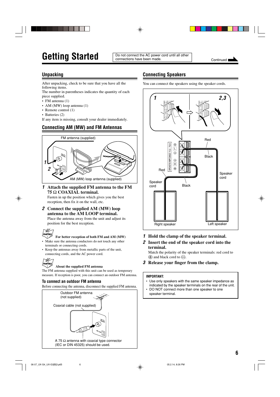 Getting started, Unpacking, Connecting am (mw) and fm antennas | Connecting speakers | JVC CA-UXG4 User Manual | Page 9 / 30