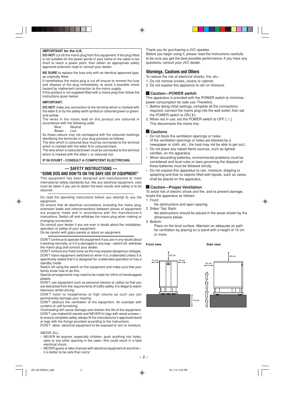 Safety instructions, Warnings, cautions and others | JVC SX-DW303 User Manual | Page 2 / 9