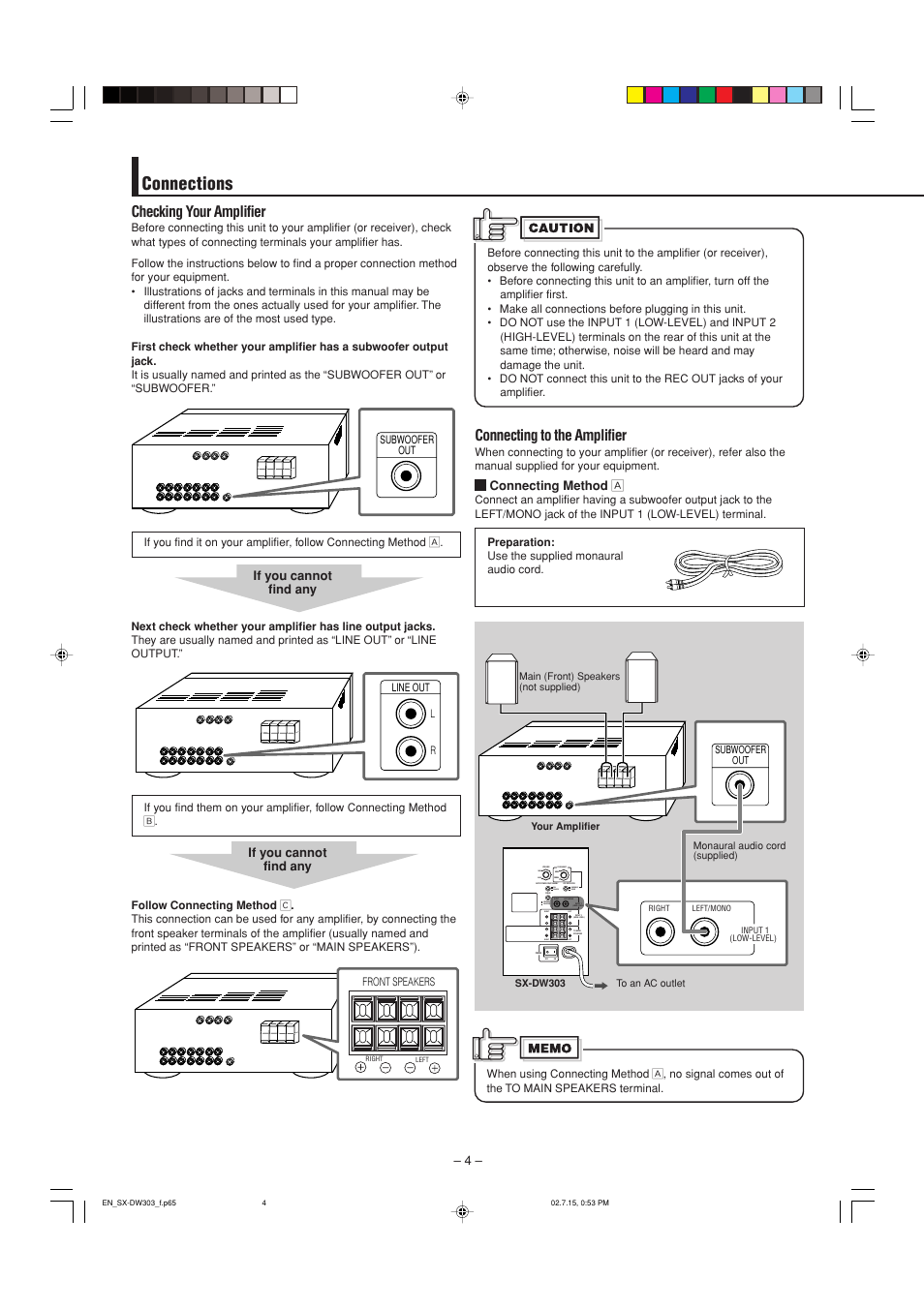 Connections, Connecting to the amplifier, Checking your amplifier | Right, Right left right left left/mono max, Min cancel on on off reverse normal fixed variable, Frequency | JVC SX-DW303 User Manual | Page 4 / 9